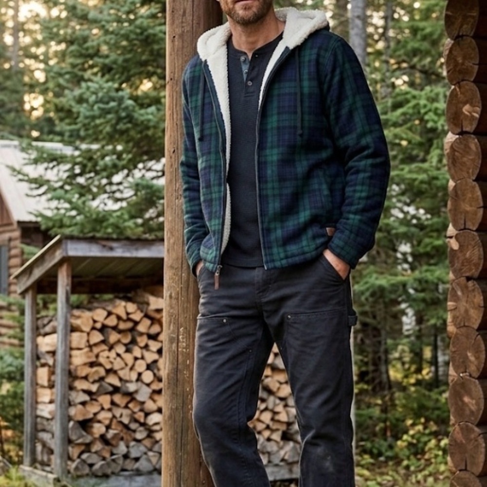 L.L. Bean Sherpa Lined Zip Flannel Hoodie Blackwatch Plaid Med 38-40 Fall jacket